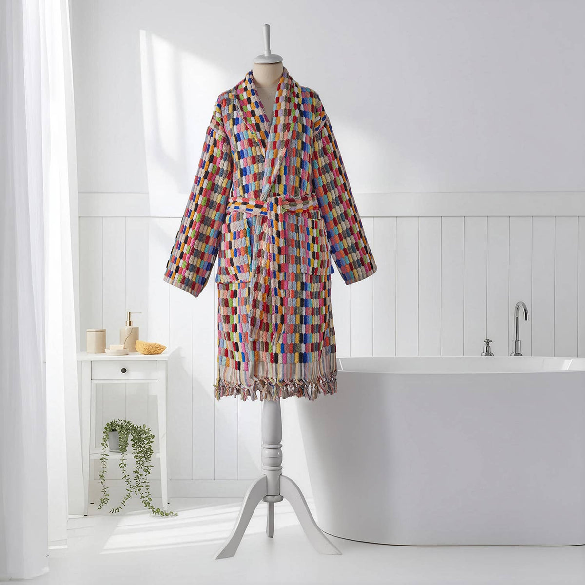 Pompom Turkish bathrobe – Lokum Multicolor, Shawl Collar, full-length view | Kikoya