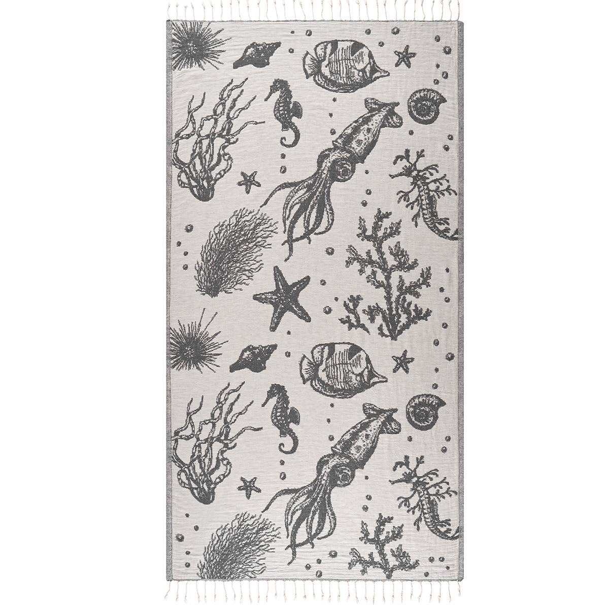 Ocean Turkish beach towel with a woven sea-life jacquard, 33x66 in | Kikoya