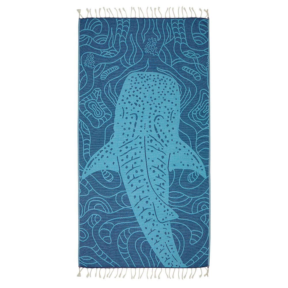 Whale shark terry-backed Turkish towel with woven jacquard face, 35x70 in | Kikoya