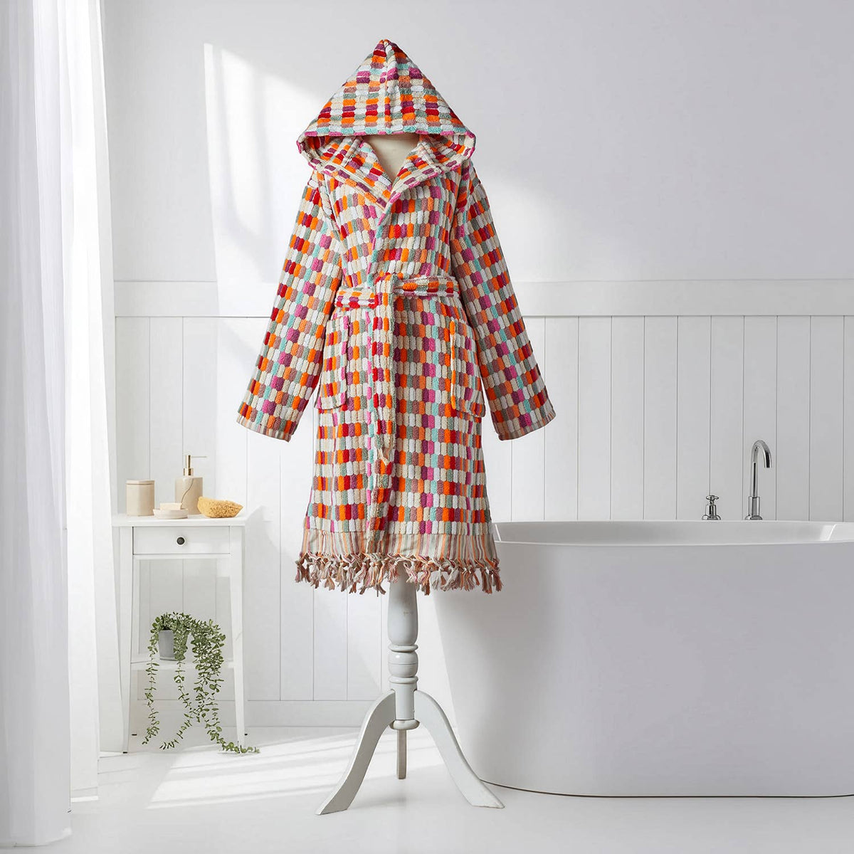 Pompom Turkish bathrobe – Lokum Pink Multi, Hooded, styled view | Kikoya