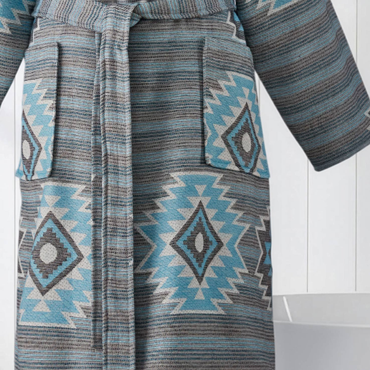 Kilim terry-backed Turkish bathrobe – hooded, multicolor | Kikoya
