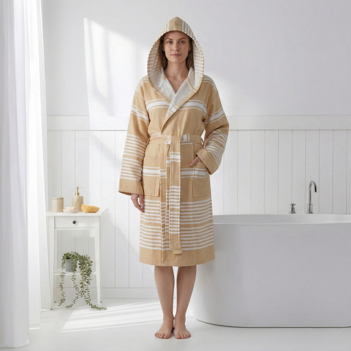 Wide stripe terry-backed Turkish bathrobe – hooded | Kikoya