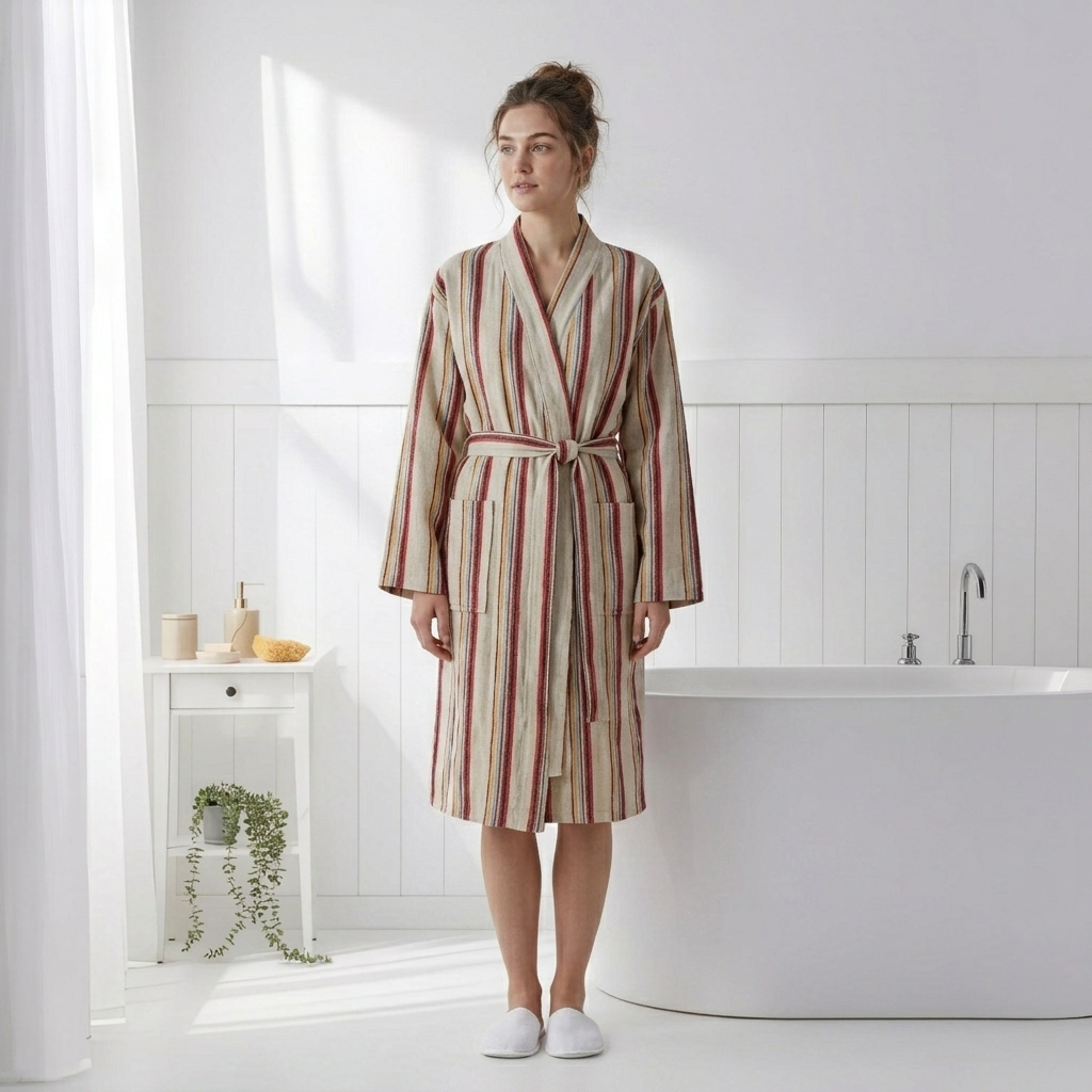 Rainbow linen-cotton Turkish kimono bathrobe – stripe | Kikoya