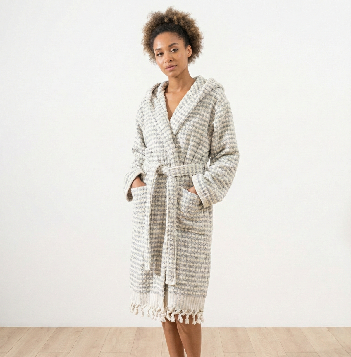 Pompom Turkish bathrobe – Grey, Hooded, styled view | Kikoya