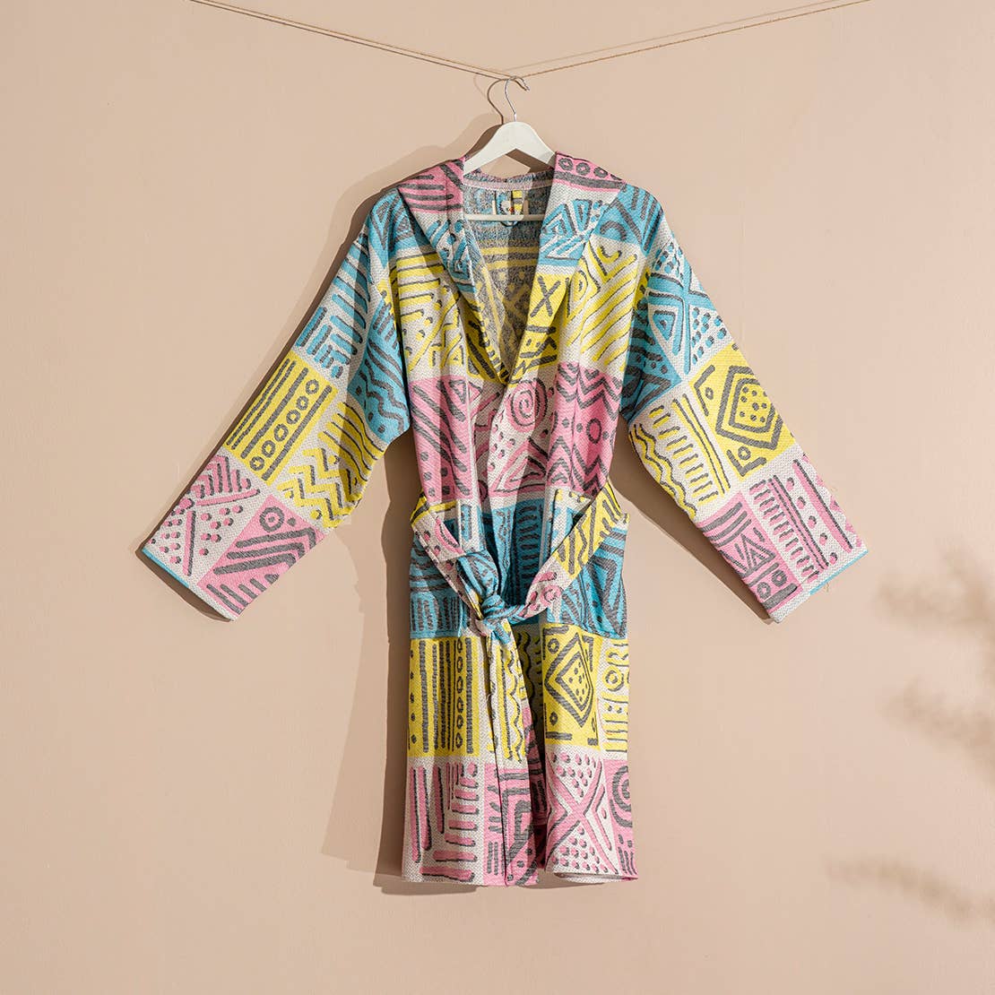 Rainbow Terry-backed Turkish bathrobe – Multicolor Stripe, collar and belt detail | Kikoya