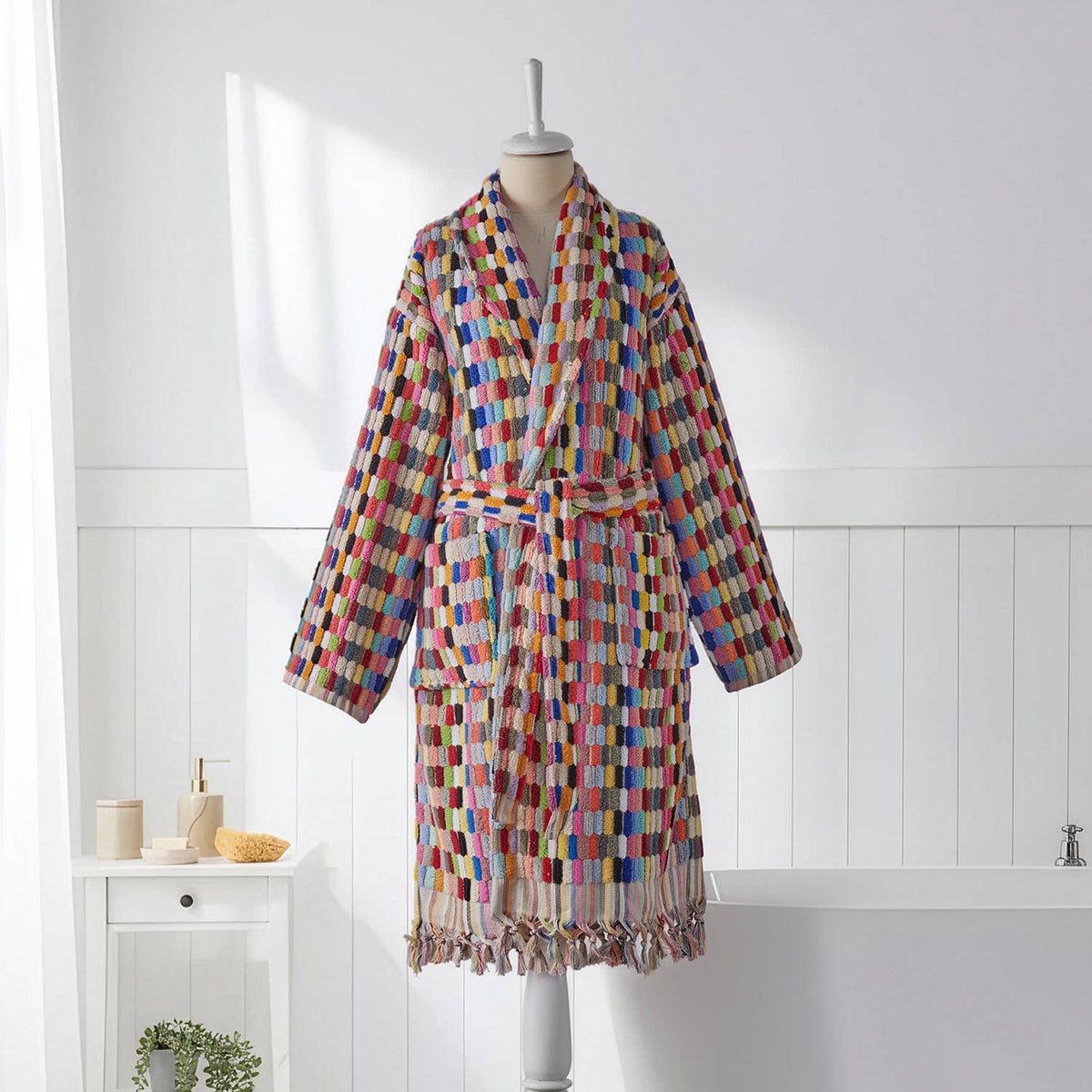 Pompom Turkish bathrobe – Lokum Multicolor, Shawl Collar, front view | Kikoya