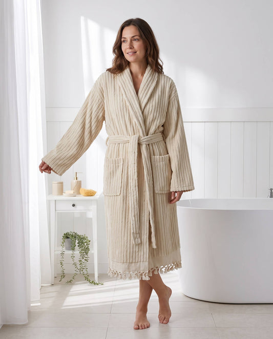 Pompom Turkish bathrobe – Natural Stripe, Shawl Collar, styled view | Kikoya