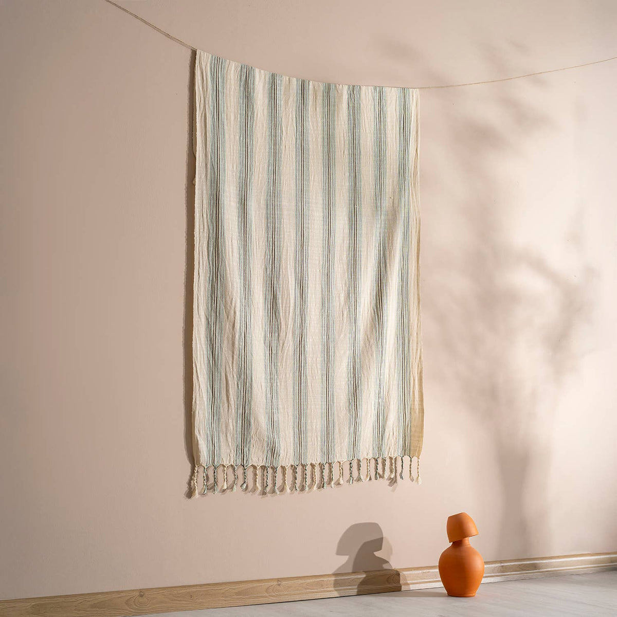 Olive & Ivory Stripe Turkish towel, woven texture close-up | Kikoya