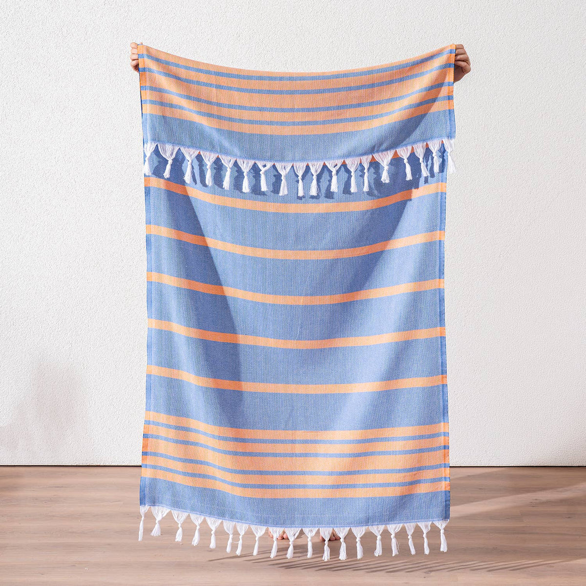 Luxe Herringbone Turkish towel – Blue/Orange, blue with orange stripes | Kikoya