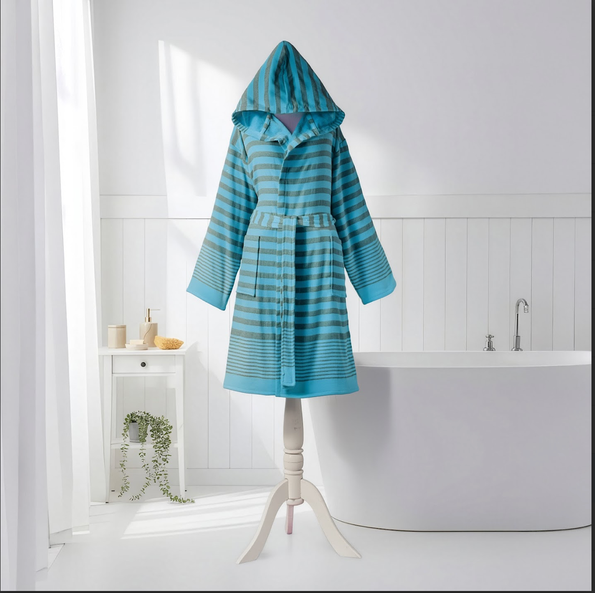 Chakra terry-backed Turkish bathrobe, hooded, tonal ombré stripe | Kikoya