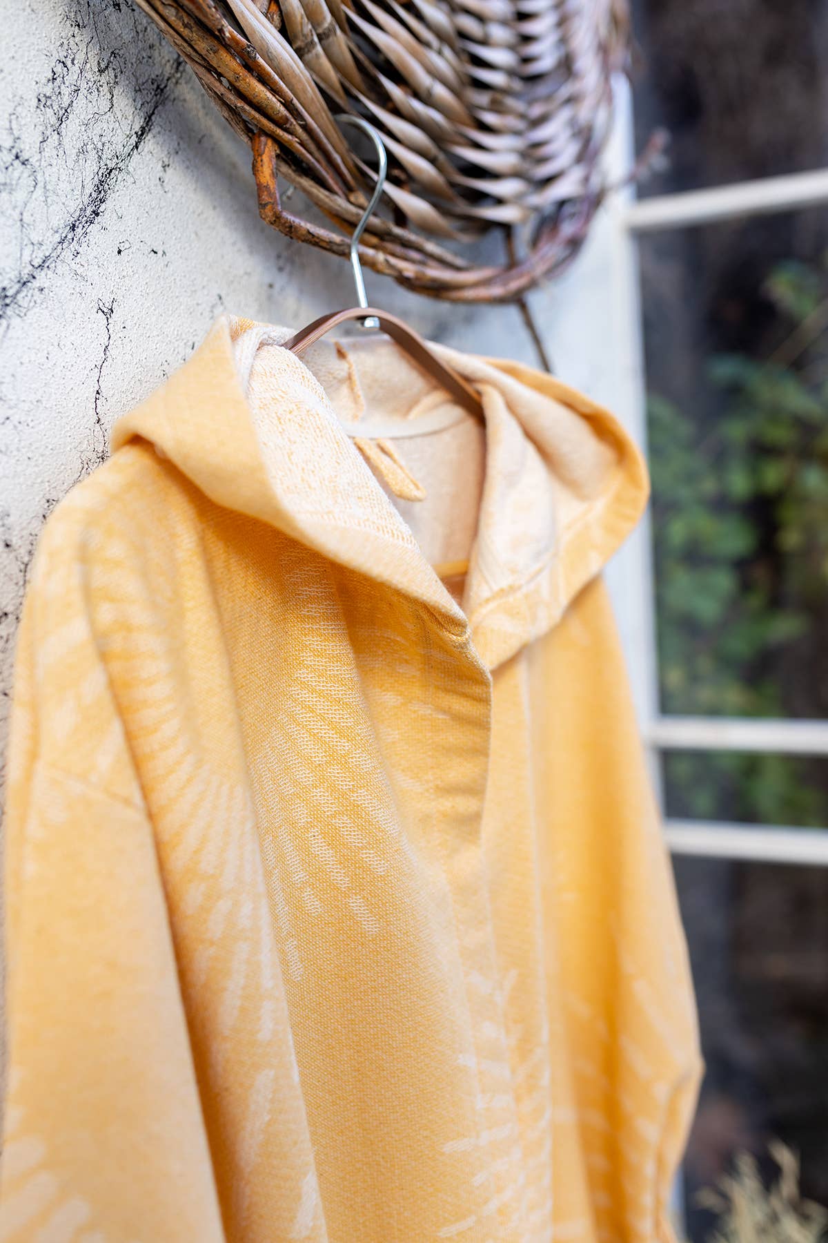 Sunburst terry-backed Turkish bathrobe, hooded, mustard | Kikoya