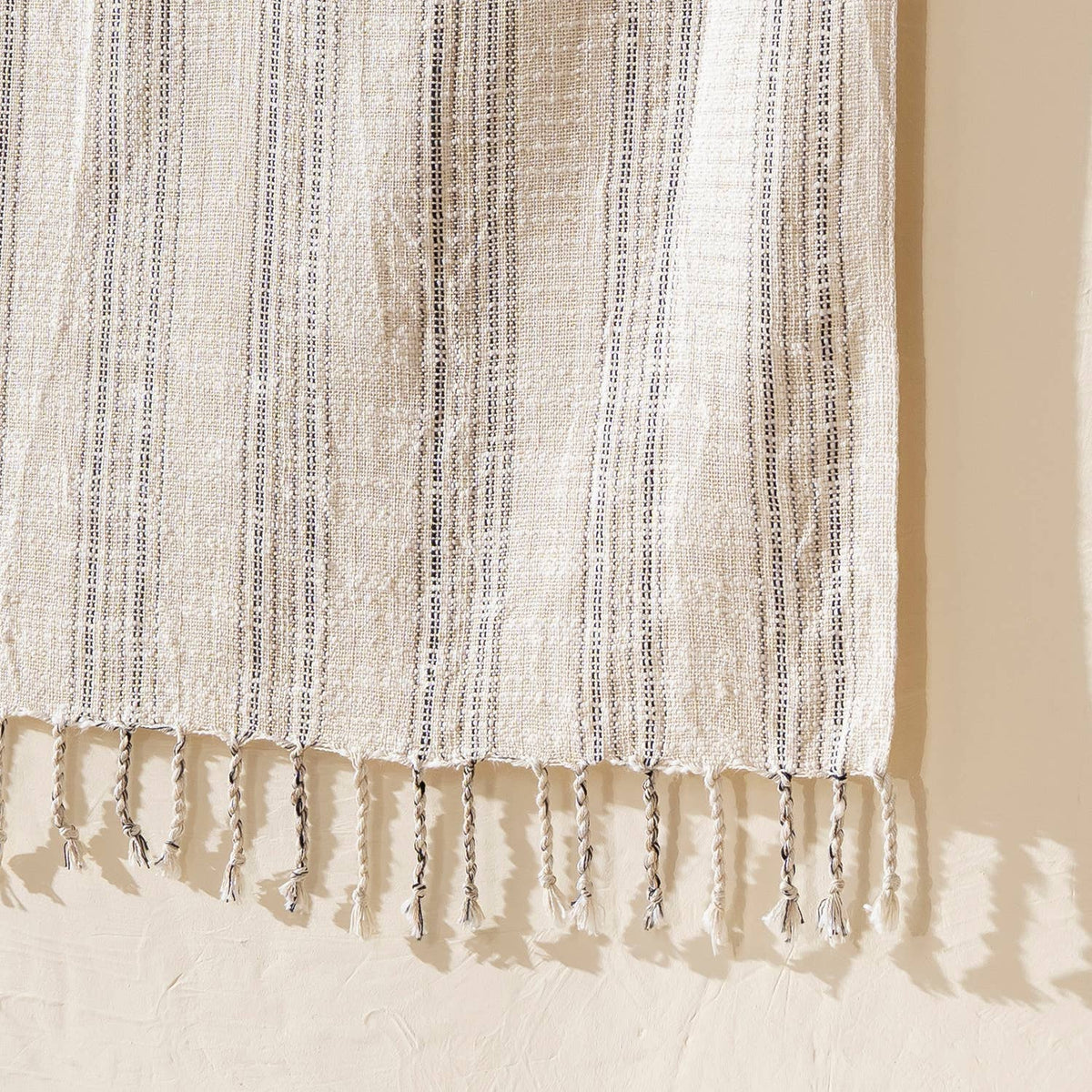 Premium Rustic Turkish beach towel – White & Grey Pinstripe, alternate view | Kikoya