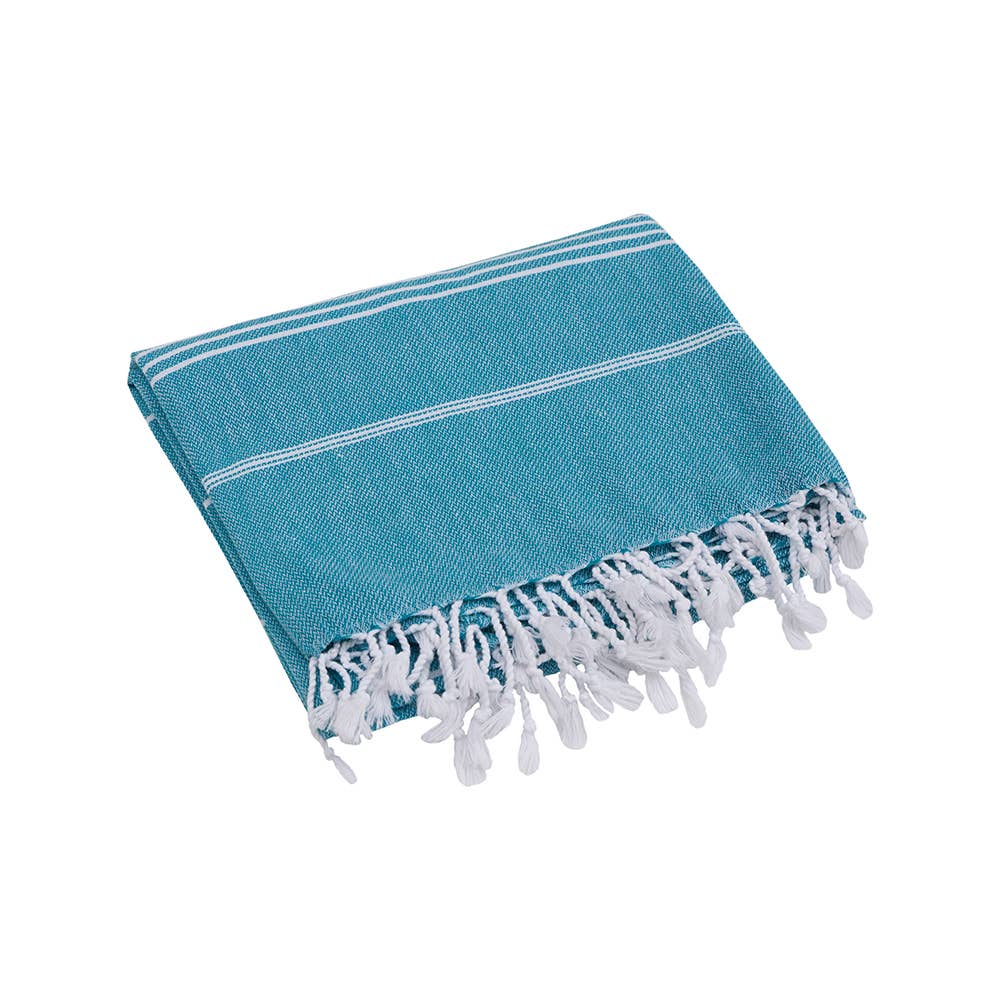 Sultan Turkish beach towel – Teal, folded with knotted fringe | Kikoya