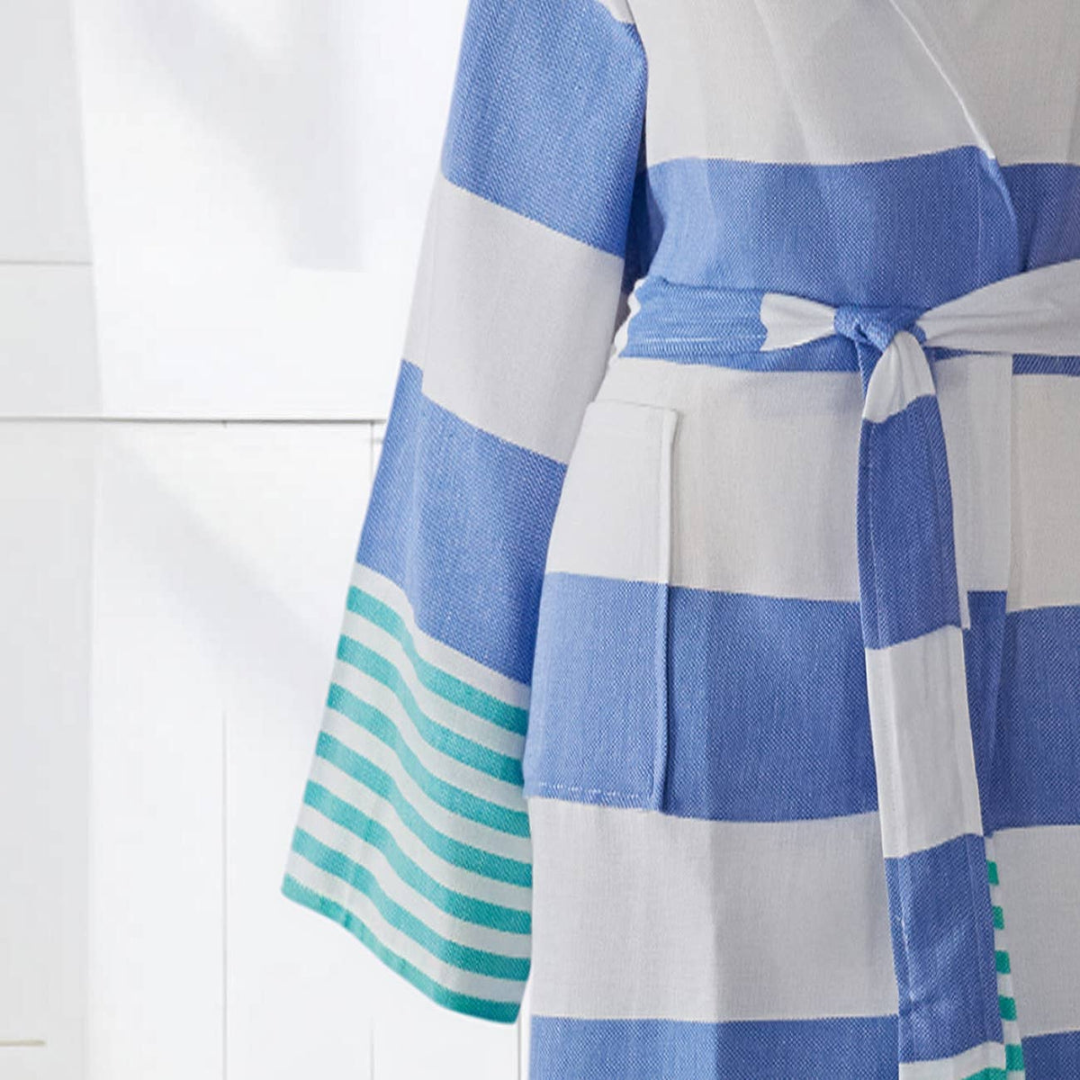 Mediterranean Turkish bathrobe – blue and green block stripe, hooded | Kikoya