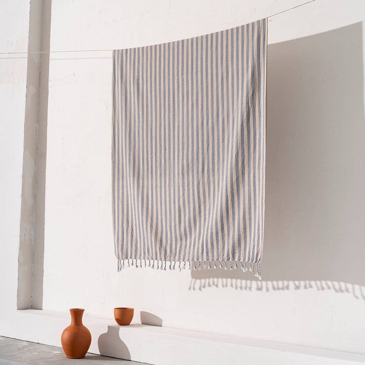 Premium rustic Turkish beach towel in a beige ticking stripe | Kikoya