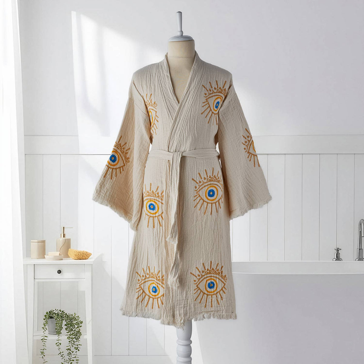 Block-print Turkish cotton kimono robe – Evil Eye Mustard & Blue | Kikoya