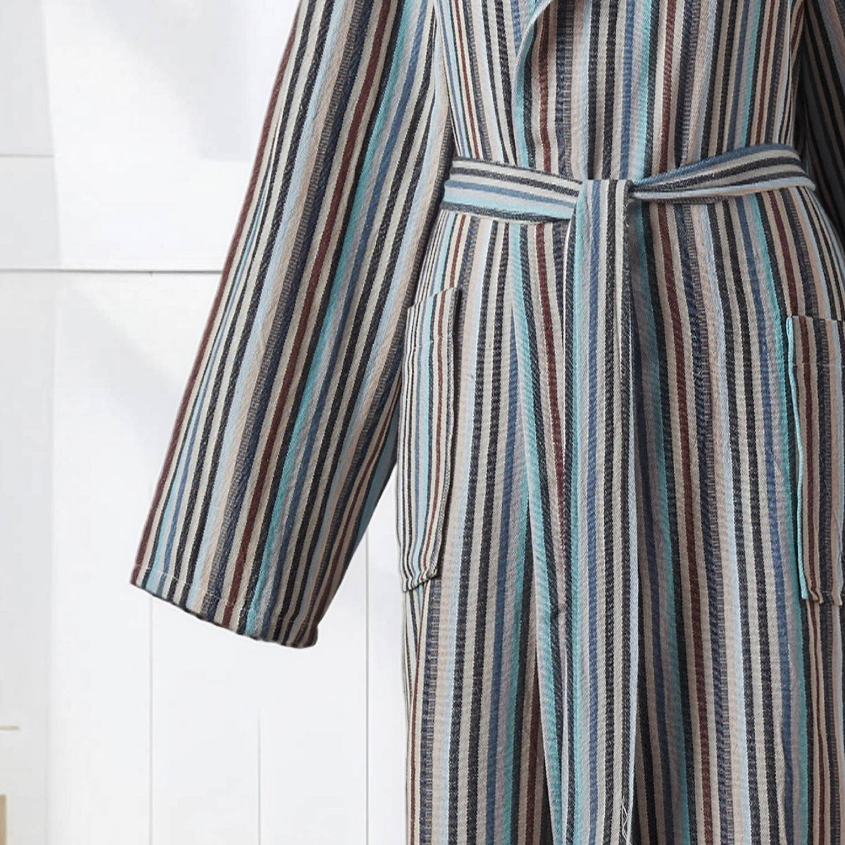 Antique Turkish hooded bathrobe – Slate & Teal Stripe | Kikoya