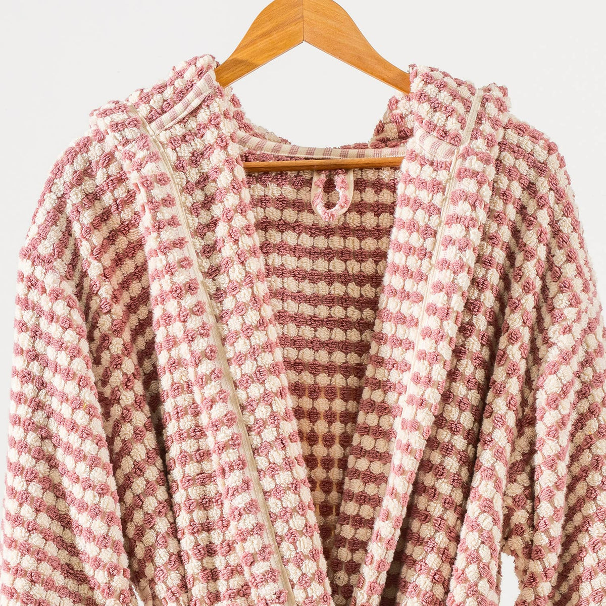 Pompom Turkish bathrobe – Rose Pink, Hooded, full-length view | Kikoya