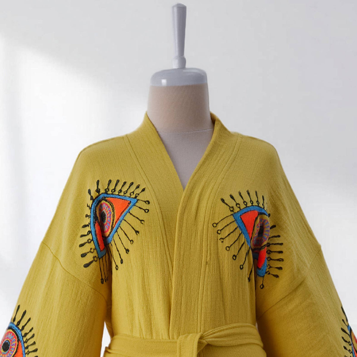 Block-print Turkish cotton kimono robe – Evil Eye Mustard | Kikoya