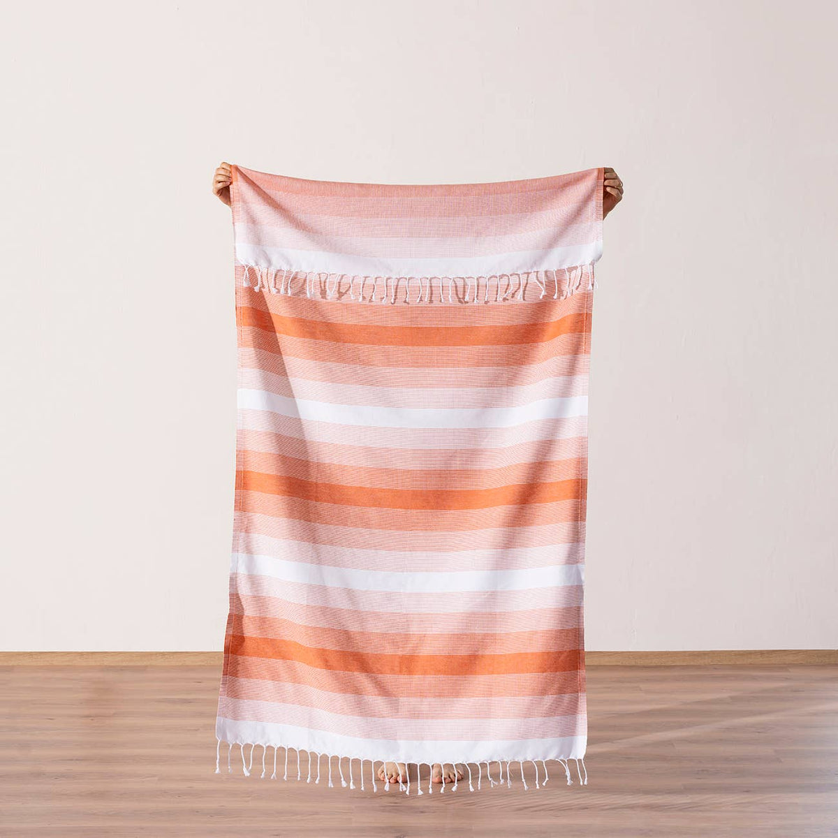 Sunrise Turkish beach towel in coral ombre stripe, 33x66 in | Kikoya