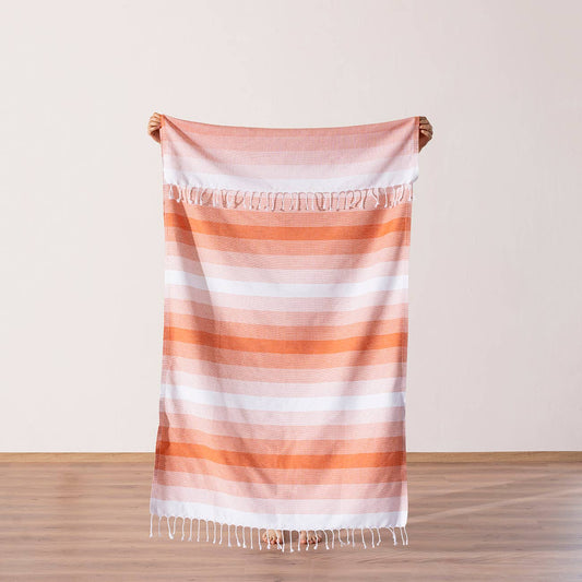 Sunrise Turkish beach towel in coral ombre stripe, 33x66 in | Kikoya