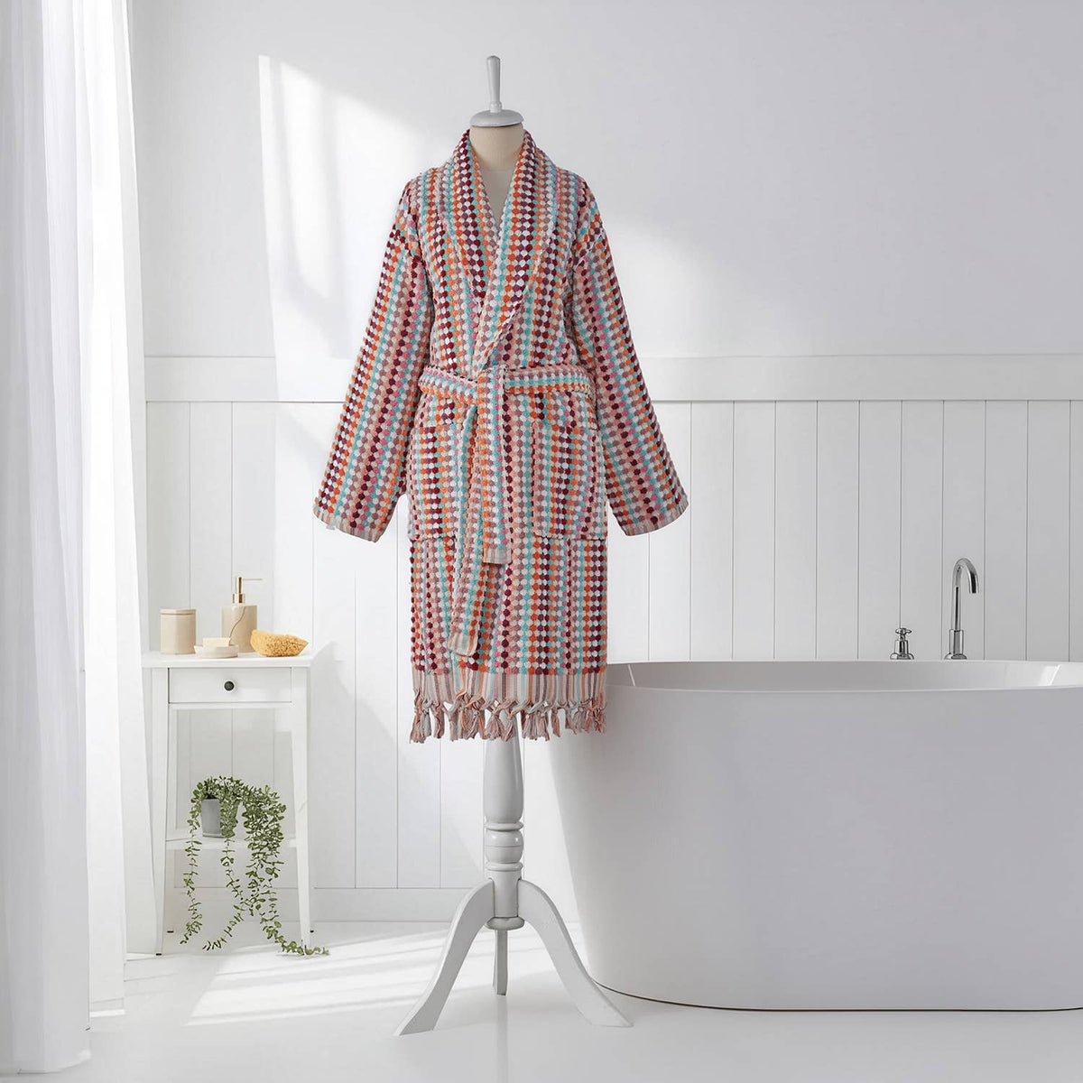 Pompom Turkish bathrobe – Pink & Red Stripe, Shawl Collar, front view | Kikoya