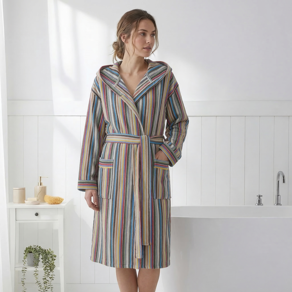 Multicolor stripe Turkish cotton bathrobe – hooded, quick-dry | Kikoya