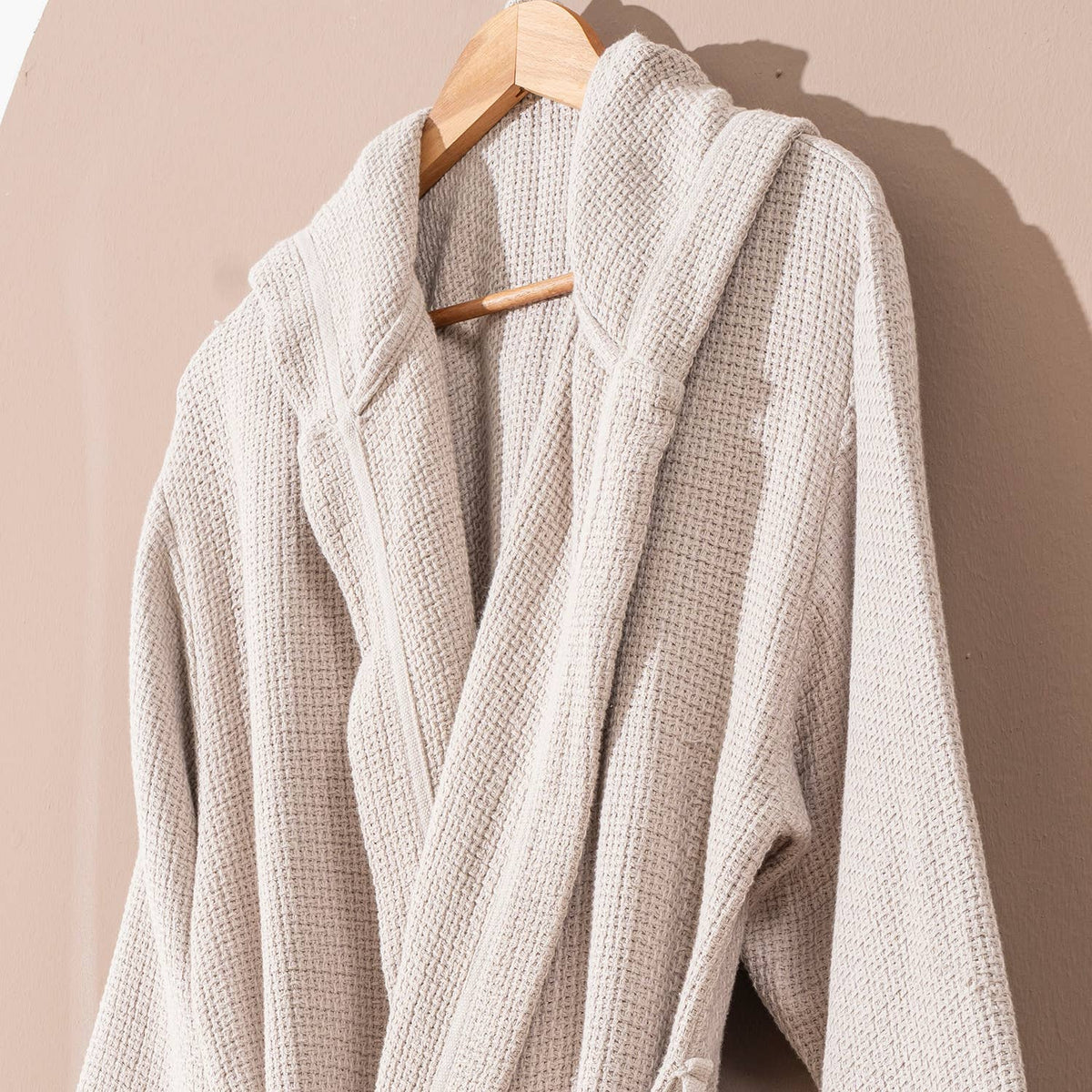 Salda waffle stonewash Turkish bathrobe, hooded, beige | Kikoya