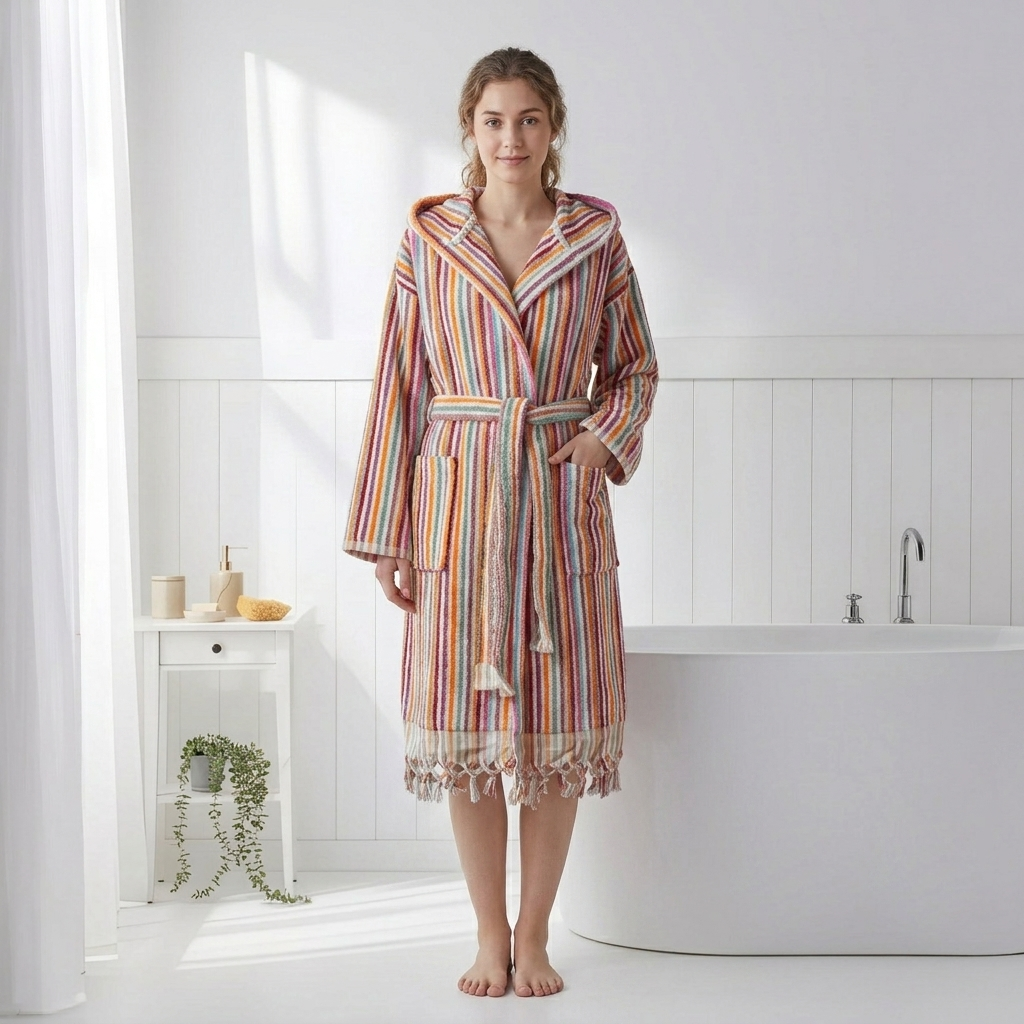 Pompom Turkish bathrobe – Pink Multi Stripe, Hooded, styled view | Kikoya