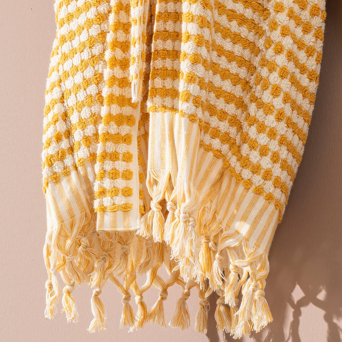 Pompom Turkish bathrobe – Mustard, Hooded, close-up | Kikoya