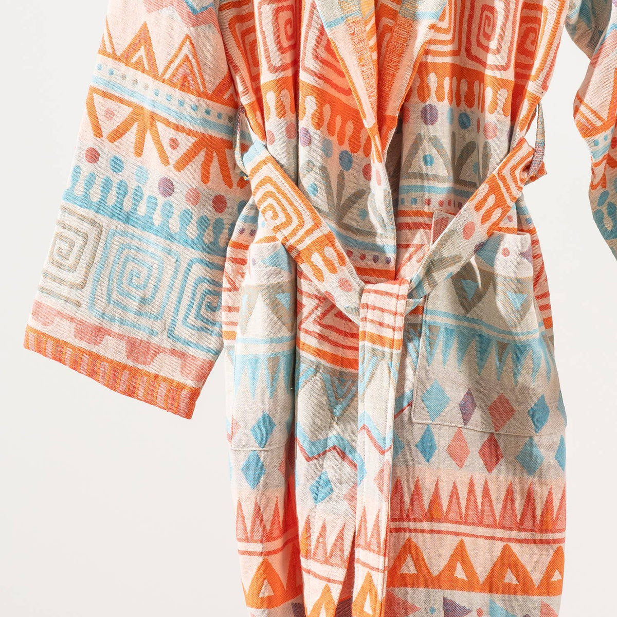 Ethnic print Turkish bathrobe in coral & turquoise – kimono | Kikoya