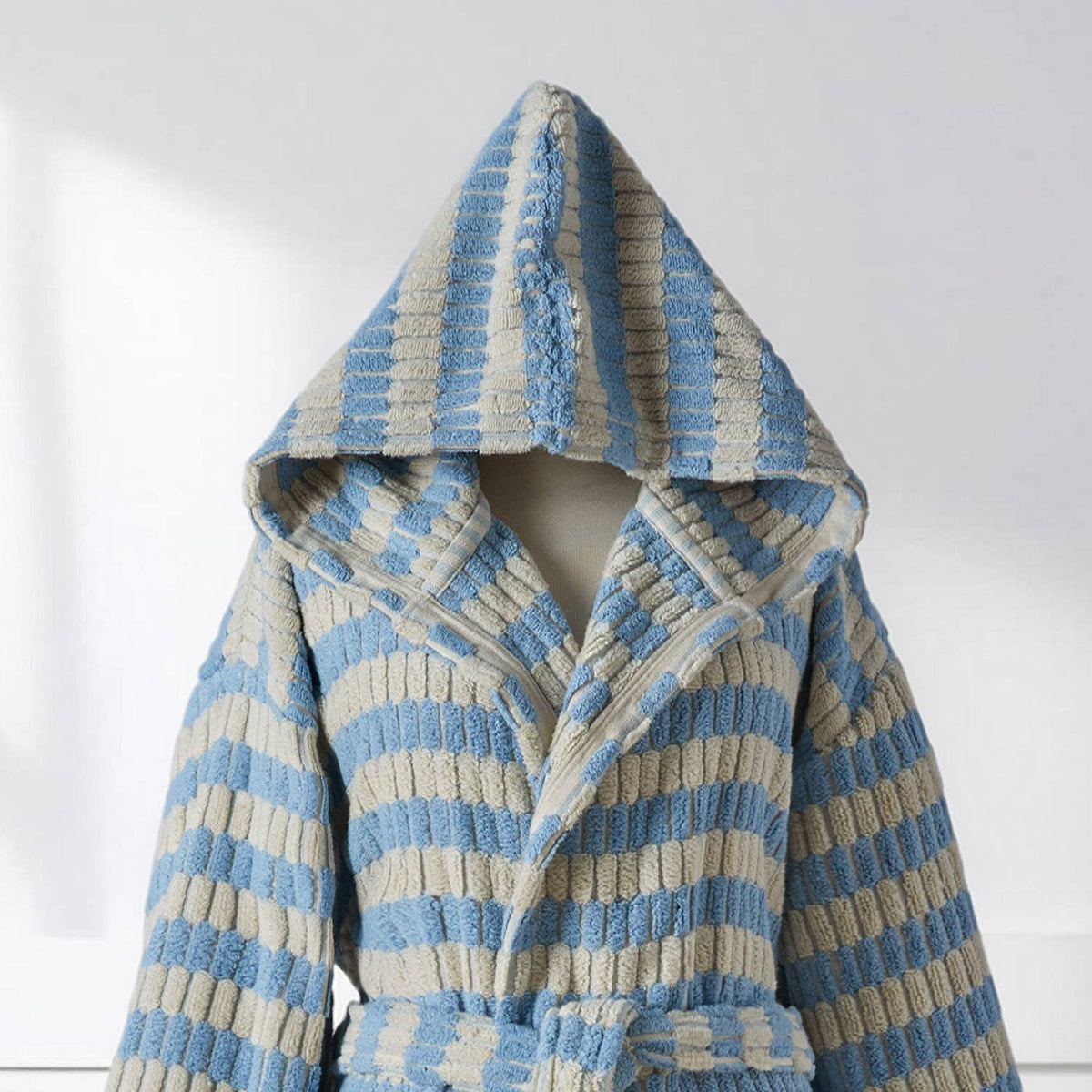 Pompom Turkish bathrobe – Lokum Baby Blue, Hooded, styled view | Kikoya