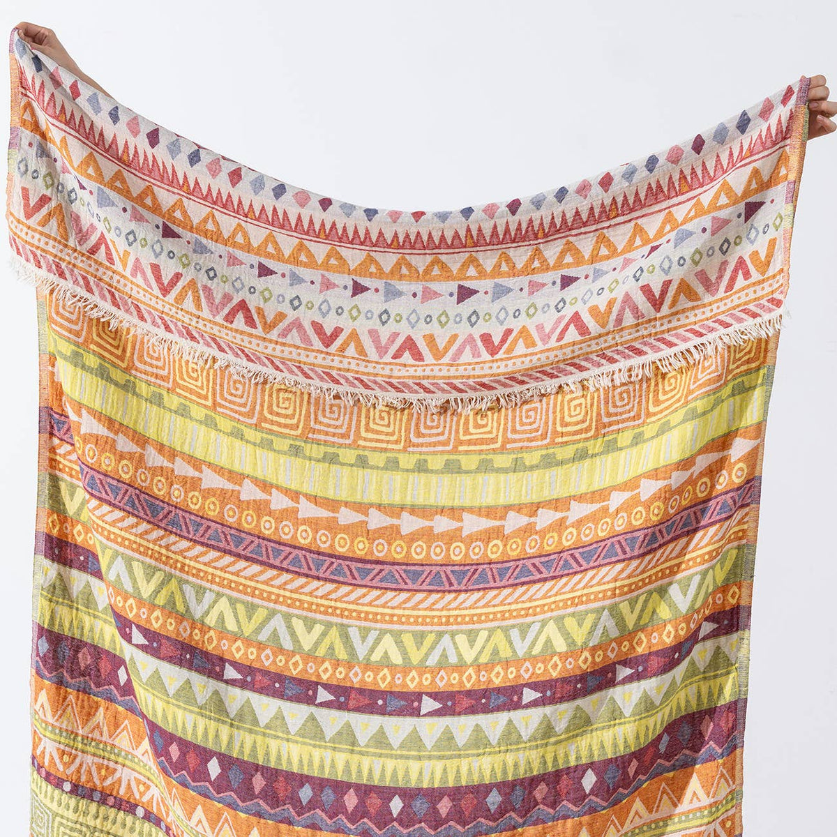 Ethnic Turkish cotton throw blanket – tribal stripe, Yellow & Green, fringe and drape detail | Kikoya