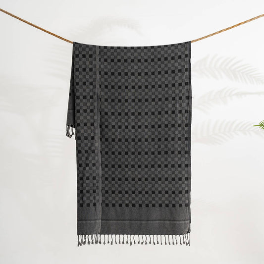 Stonewashed Turkish beach towel in a tonal checker weave, 35x66 in | Kikoya