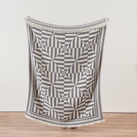 Geo Turkish cotton throw blanket – optic pinwheel, full length view | Kikoya