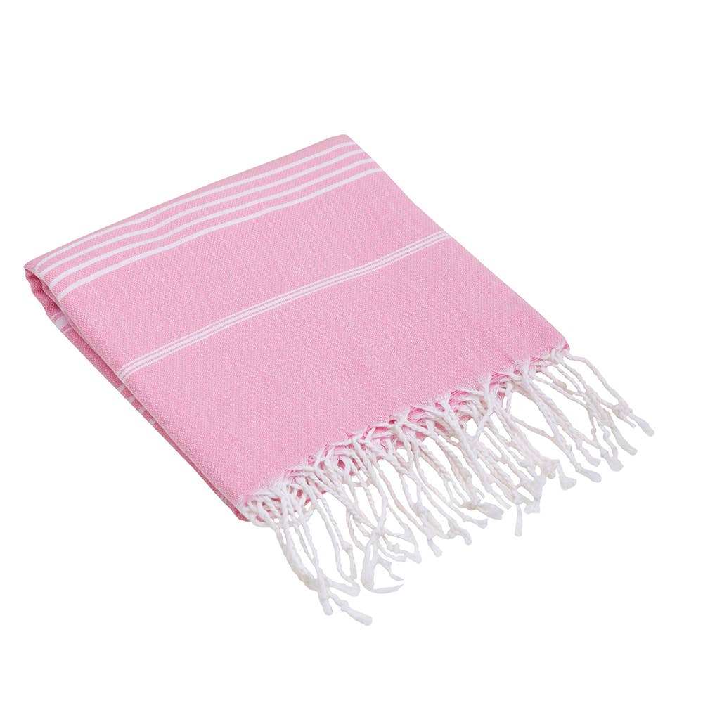Sultan Turkish beach towel – Pink, folded with knotted fringe | Kikoya
