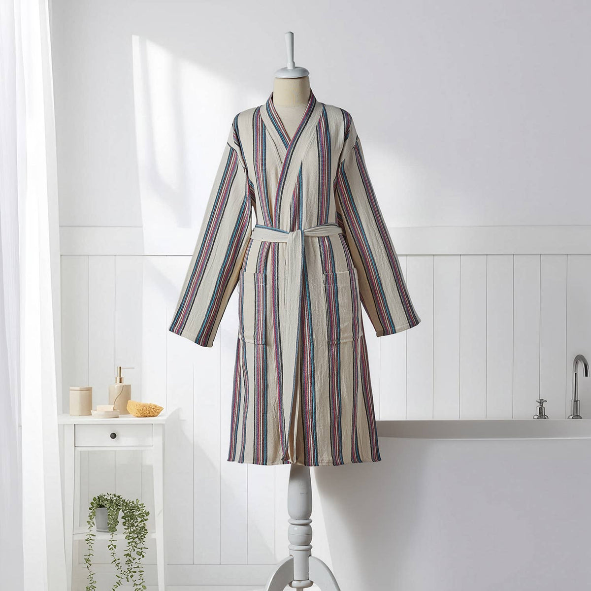Antique Turkish kimono bathrobe – Cream Multi Stripe | Kikoya