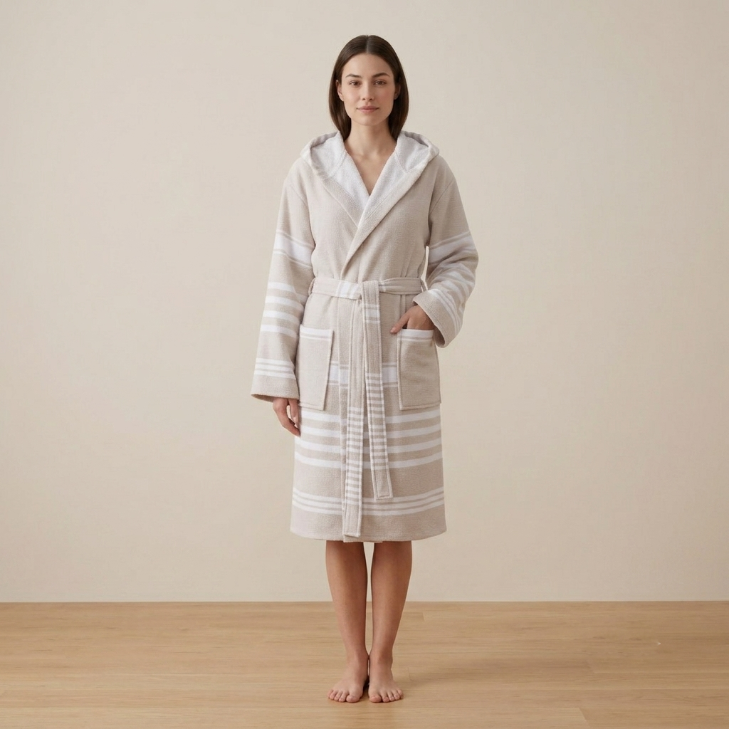 Terry-backed Turkish bathrobe in pastel stripe – hooded | Kikoya