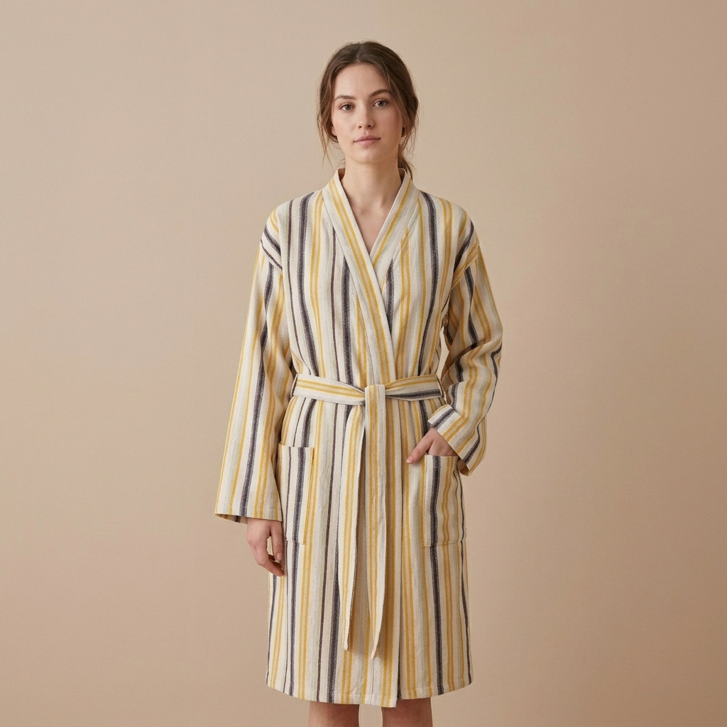 Multi stripe Turkish bathrobe in mustard & blue – kimono | Kikoya