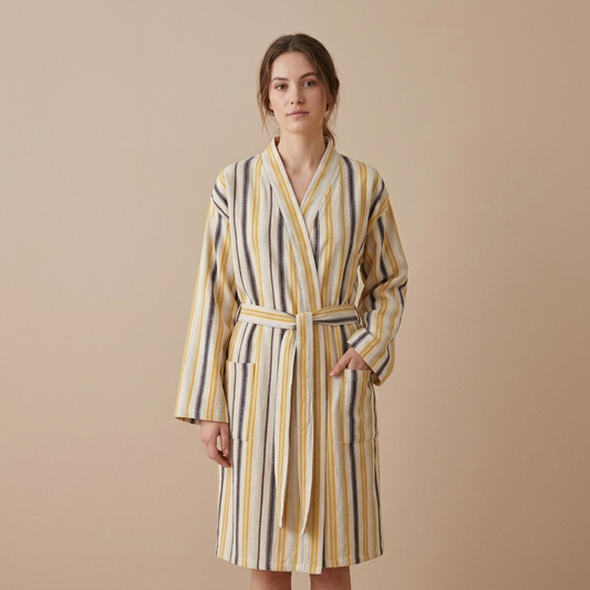 Multi stripe Turkish bathrobe in mustard & blue – kimono | Kikoya