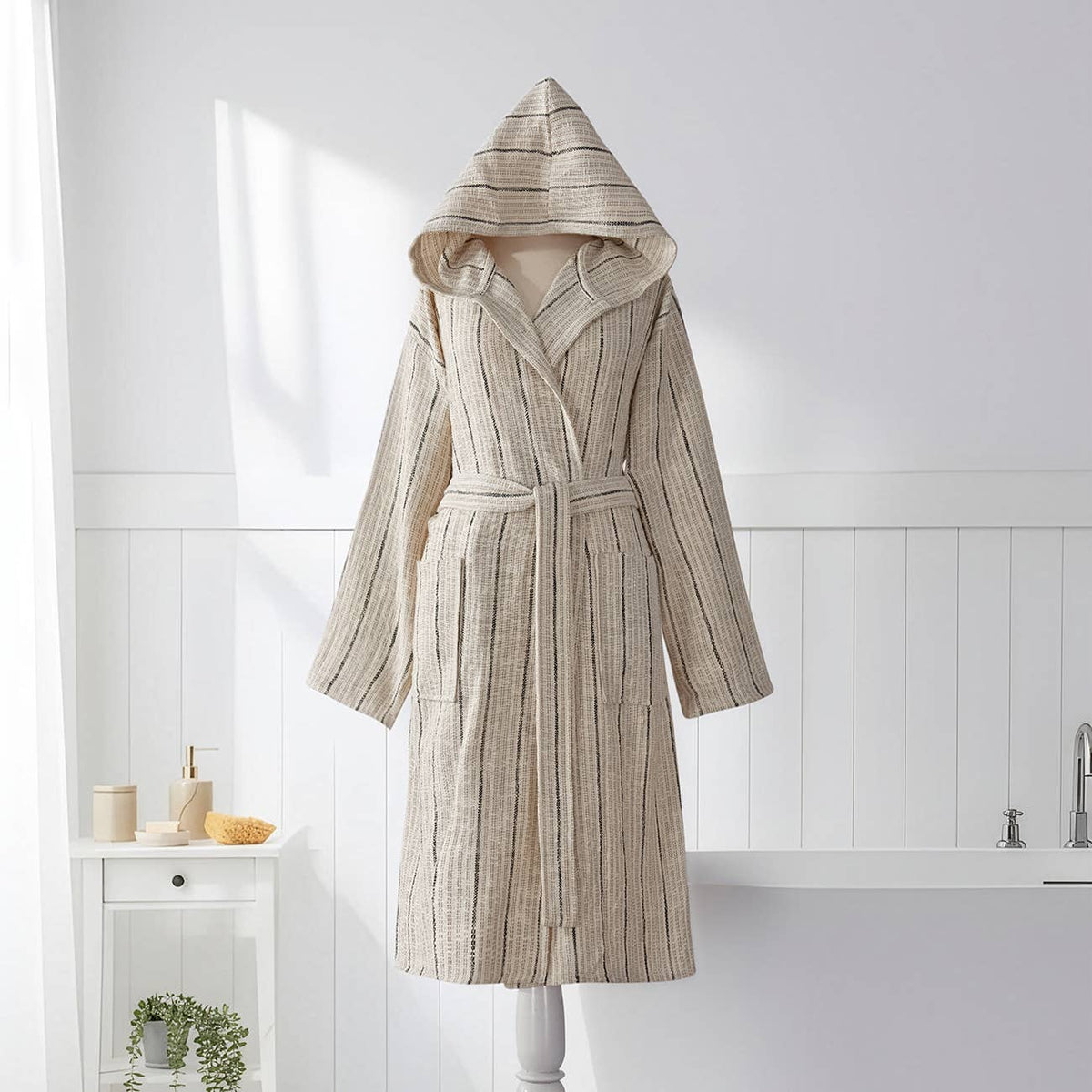 Santorini Turkish hooded bathrobe – Taupe Stripe | Kikoya