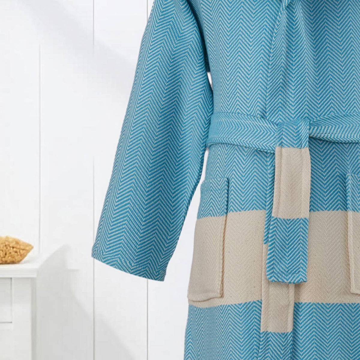 Herringbone kids Turkish cotton bathrobe – hooded, fringed hem | Kikoya