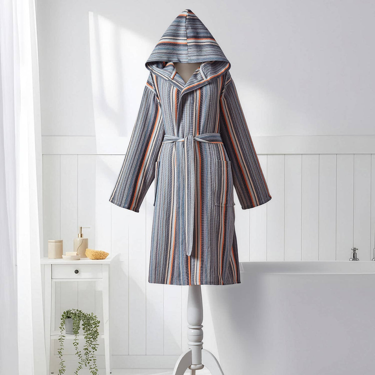 Antique Turkish hooded bathrobe – Grey & Rust Stripe | Kikoya