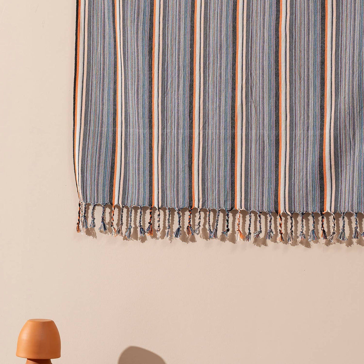 Tangerine & Stone Stripe peshtemal, knotted fringe detail | Kikoya