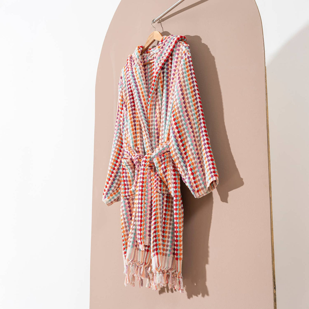 Pompom Turkish bathrobe – Pink Multi, Hooded, styled view | Kikoya