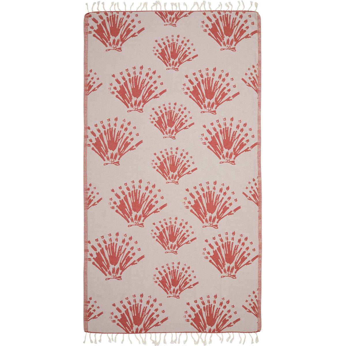 Seashell jacquard Turkish beach towel, 35x70 in, flat-woven with knotted fringe | Kikoya