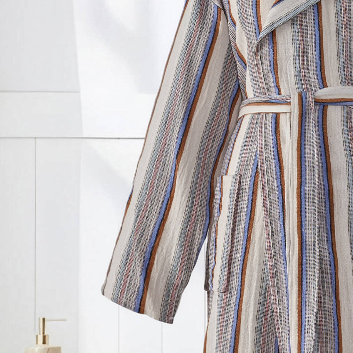 Multi stripe Turkish bathrobe in grey & berry – hooded | Kikoya