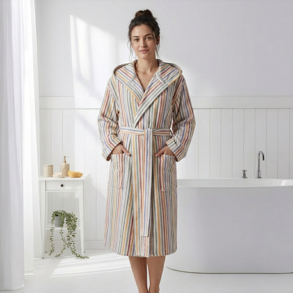 Antique Turkish hooded bathrobe – Sand Stripe | Kikoya