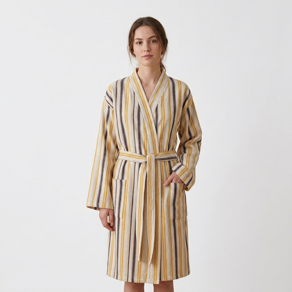 Multi stripe Turkish bathrobe in mustard & blue – kimono | Kikoya