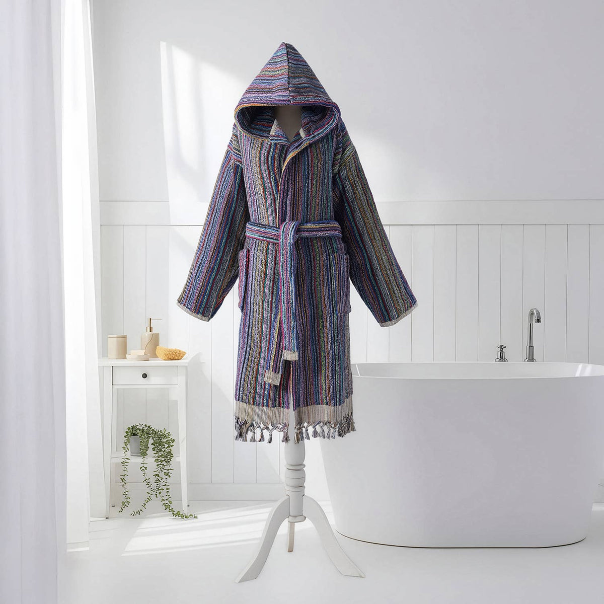 Pompom Turkish bathrobe – Purple Multi Stripe, Hooded, belt and pocket detail | Kikoya